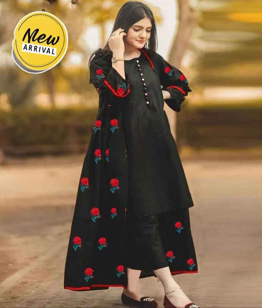 3 Pcs Women's Stitched Silk Embroidered Gown Suit