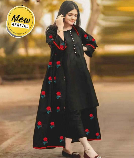 3 Pcs Women's Stitched Silk Embroidered Gown Suit