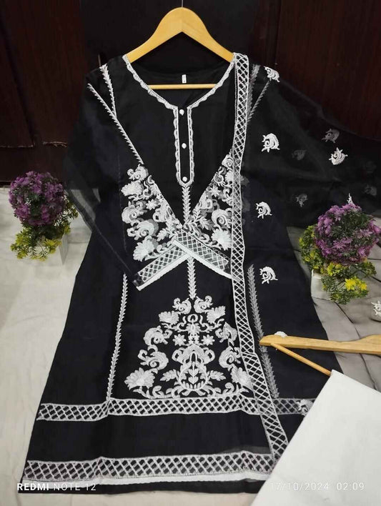 3 Pcs Women's Stitched Organza Embroidered Suit